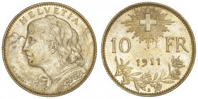 SUISSE
Confédération Helvétique (1848 à nos jours). 10 francs 1911, B, Berne. Fr.503 ; Or - 3,20 g - 19 mm - 6 h
Millésime rare. Superbe.