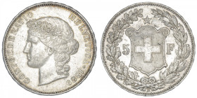 SUISSE
Confédération Helvétique (1848 à nos jours). 5 francs 1889, B, Berne. KM.34 ; Argent - 24,98 g - 37 mm - 6 h
TTB.