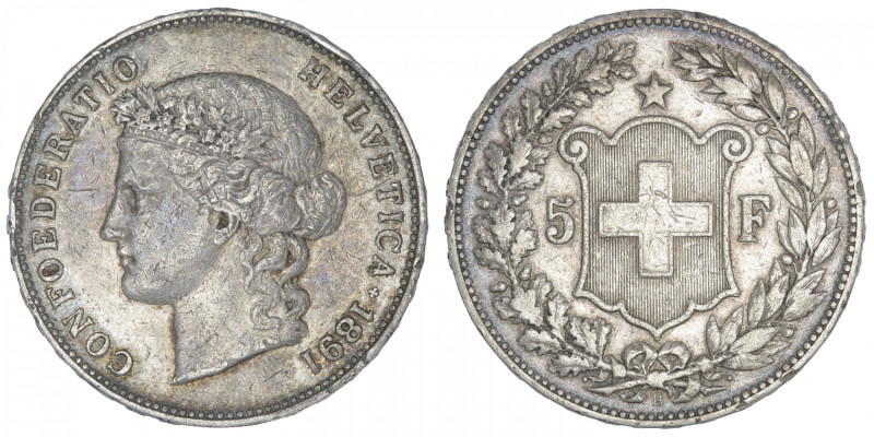 SUISSE
Confédération Helvétique (1848 à nos jours). 5 francs 1891, B, Berne. KM...