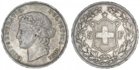 SUISSE
Confédération Helvétique (1848 à nos jours). 5 francs 1891, B, Berne. KM.34 ; Argent - 24,84 g - 37 mm - 6 h
TTB.