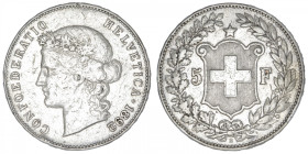 SUISSE
Confédération Helvétique (1848 à nos jours). 5 francs 1892, B, Berne. KM.34 ; Argent - 24,86 g - 37 mm - 6 h
Exemplaire nettoyé. TB à TTB....