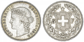 SUISSE
Confédération Helvétique (1848 à nos jours). 5 francs 1908, B, Berne. KM.34 ; Argent - 24,92 g - 37 mm - 6 h
TTB.