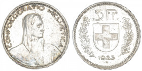 SUISSE
Confédération Helvétique (1848 à nos jours). 5 francs 1923, B, Berne. KM.37 ; Argent - 24,94 g - 37 mm - 6 h
Nettoyé. TTB.