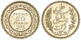 TUNISIE
Protectorat français. 20 francs 1891, A, Paris. Fr.12 ; Or - 6,44 g - 21 mm - 6 h
Superbe.