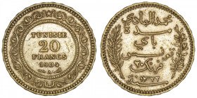 TUNISIE
Protectorat français. 20 francs 1904, A, Paris. Fr.12 ; Or - 6,44 g - 21 mm - 6 h
Beau TTB.