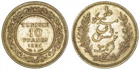 TUNISIE
Protectorat français. 10 francs 1891, A, Paris. Fr.13 ; Or - 3,22 g - 19 mm - 6 h
TTB à Superbe.
