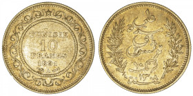 TUNISIE
Protectorat français. 10 francs 1891, A, Paris. Fr.13 ; Or - 3,20 g - 19 mm - 6 h
TB.