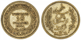 TUNISIE
Protectorat français. 10 francs 1891, A, Paris. Fr.13 ; Or - 3,18 g - 19 mm - 6 h
TTB.