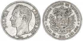 VENEZUELA
République (1830- à nos jours). 5 bolivares 1911, Paris. KM.24.2 ; Argent - 24,68 g - 37 mm - 6 h
TB à TTB.