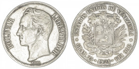 VENEZUELA
République (1830- à nos jours). 5 bolivares 1921, Philadelphie. KM.24.2 ; Argent - 24,87 g - 37 mm - 6 h
TTB.