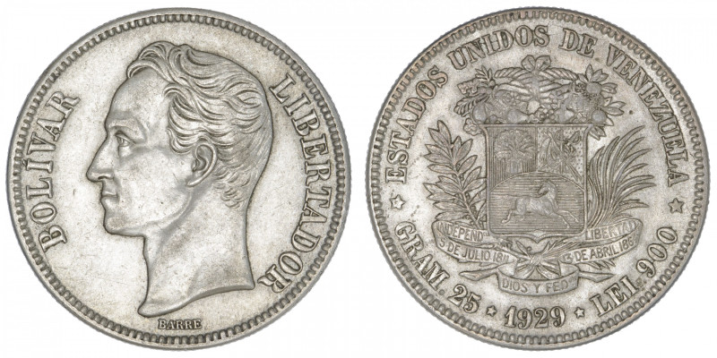 VENEZUELA
République (1830- à nos jours). 5 bolivares 1929, Philadelphie. KM.24...