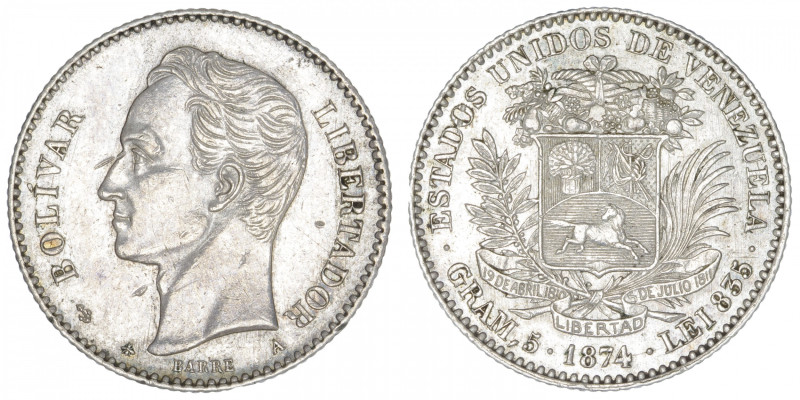 VENEZUELA
République (1830- à nos jours). 20 centavos 1874, A, Paris. KM.28 ; A...