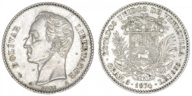 VENEZUELA
République (1830- à nos jours). 20 centavos 1874, A, Paris. KM.28 ; Argent - 5,03 g - 23 mm - 6 h
Type rare. Quelques marques à l’avers si...