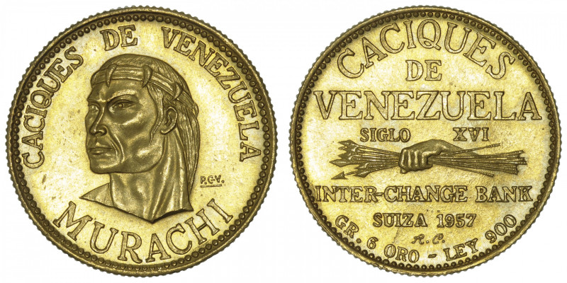 VENEZUELA
République (1830- à nos jours). Caciques, Murachi ND. Or - 6 g - 21 m...