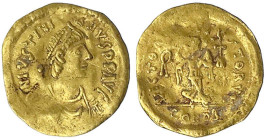 Kaiserreich
Justinian I., 527-565
Tremissis 527/565, Constantinopel. Herrscherbüste mit Diadem n.r./Victoria mit Kranz und Kreuzglobus. 1,41 g. schö...