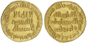 Omayyaden
Al Walid, 705-715 (AH 86-96)
Dinar AH 89 = 708/709, ohne Mzst.-Angabe (Damaskus). 4,23 g. vorzüglich/Stempelglanz, Prachtexemplar. Bernard...
