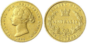 Australien
Victoria, 1837-1901
Sovereign 1865, Sydney Mint. 7,94 g. 917/1000. fast sehr schön. Krause/Mishler 4.