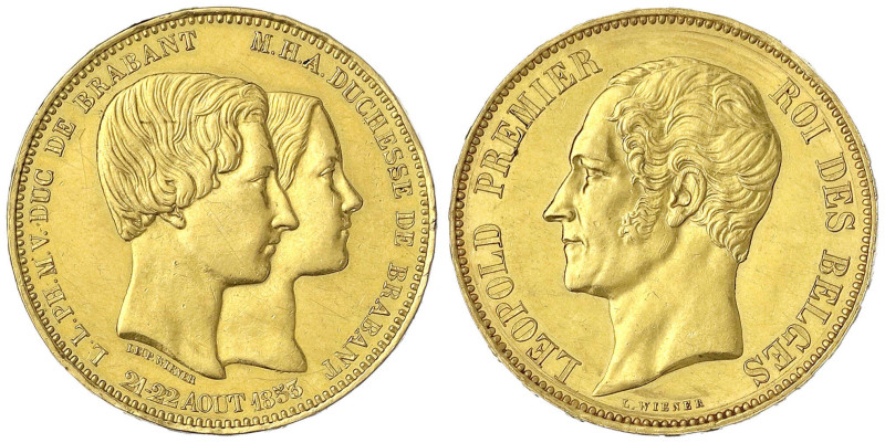 Belgien
Leopold I., 1831-1865
100 Francs 1853. L. WIENER. Zur Hochzeit des Her...