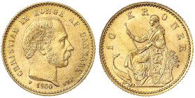 Dänemark
Christian IX., 1863-1906
10 Kronen 1900 VBP. 4,48 g. 900/1000. prägefrisch/fast Stempelglanz. Friedberg 296. Hede 9B.