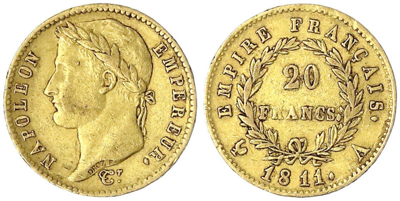 Frankreich
Napoleon I., 1804-1814/15
20 Francs 1811 A, Paris. 6,45 g. 900/1000...