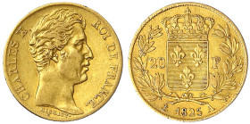 Frankreich
Charles X., 1824-1830
20 Francs 1825 A. Paris. 6,45 g. 900/1000. sehr schön/vorzüglich. Krause/Mishler 726.1. Friedberg 549.
