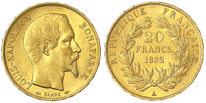 Frankreich
Napoleon III., 1852-1870
20 Francs 1852 A, Paris. Einzeltyp. 6,45 g...