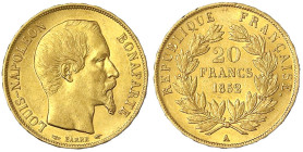 Frankreich
Napoleon III., 1852-1870
20 Francs 1852 A, Paris. Einzeltyp. 6,45 g. 900/1000. gutes vorzüglich. Krause/Mishler 774. Friedberg 568.