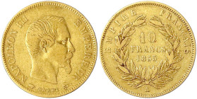 Frankreich
Napoleon III., 1852-1870
10 Francs 1855 A, Paris. 3,22 g. 900/1000. fast sehr schön. Krause/Mishler 784.1.