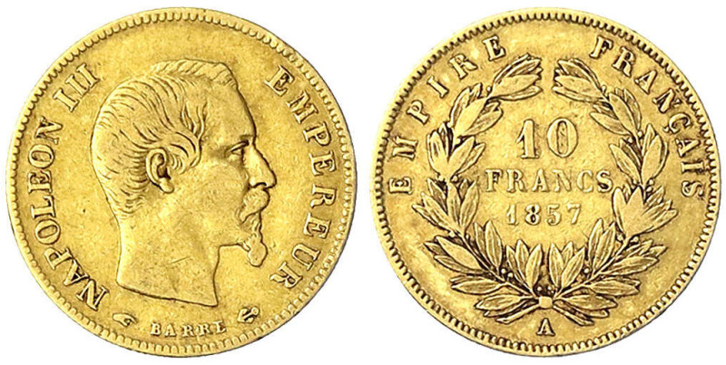 Frankreich
Napoleon III., 1852-1870
10 Francs 1857 A, Paris. 6,45 g. 900/1000....