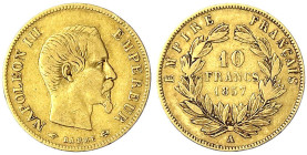 Frankreich
Napoleon III., 1852-1870
10 Francs 1857 A, Paris. 6,45 g. 900/1000. sehr schön. Krause/Mishler 784.3.