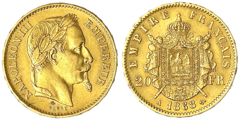 Frankreich
Napoleon III., 1852-1870
20 Francs 1868 A, Paris. 6,45 g. 900/1000....
