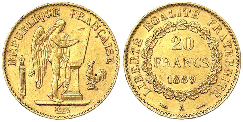 Frankreich
Dritte Republik, 1871-1940
20 Francs stehender Genius 1889 A. 6,45 ...