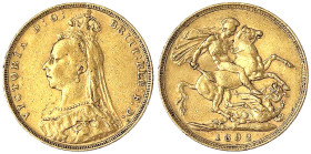 Grossbritannien
Victoria, 1837-1901
Sovereign 1892, Drachentöter. 7,99 g. 917/1000. sehr schön. Krause/Mishler 767. Spink. 3866C.