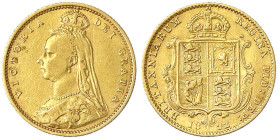 Grossbritannien
Victoria, 1837-1901
1/2 Sovereign 1892, Wappen. 3,99 g. 917/1000. gutes sehr schön. Spink. 3869. Krause/Mishler 766.
