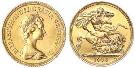 Grossbritannien
Elisabeth II., 1952-2022
Sovereign 1976. 7,99 g. 917/1000. Stempelglanz/BU. Seaby 4204. Friedberg 418.