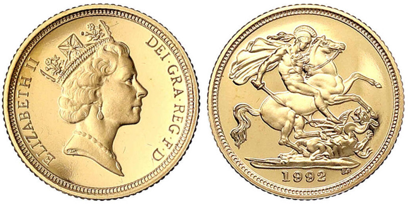 Grossbritannien
Elisabeth II., 1952-2022
1/2 Sovereign 1992. 3,99 g. 917/1000....