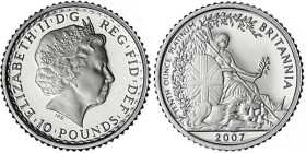 Grossbritannien
Elisabeth II., 1952-2022
10 Pounds PLATIN 2007. 1/10 Unze Britannia. Im Etui mit Zertifikat. Aufl. nur 941 Exemplare. Polierte Platt...