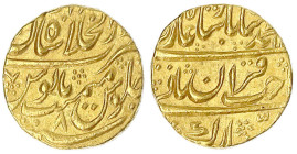 Indien-Moghulreich
Moghulreich. Muhammad Shah, 1719-1748 (AH 1131-1161)
Mohur, AH 11?? (off flan), Jahr 8 (AH 1139) = 1726/1727, Shahjahanabad. 10,8...