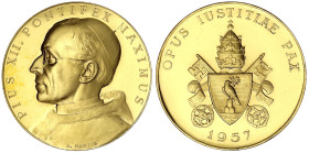 Italien-Kirchenstaat
Pius XII., 1939-1958
Goldmedaille v. A. Hartig 1957. Brb. n.r. Gekröntes Wappen. 45,00 g. 986/1000. Am Rand nummeriert 1220. Po...