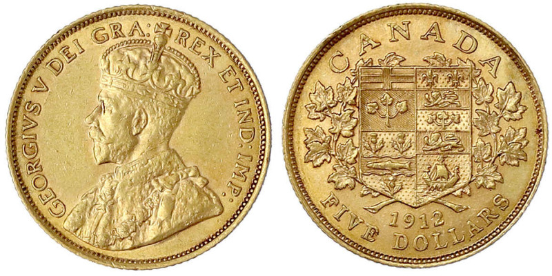 Kanada
Britisch, seit 1763
5 Dollars 1912. 8,36 g. 900/1000. gutes vorzüglich....