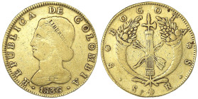 Kolumbien
Republik, seit 1820
8 Escudos 1836 RS, Bogota. 26,72 g. 875/1000. fast sehr schön. Krause/Mishler 82.1.