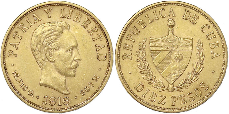 Kuba
10 Pesos 1916. Kopf n.r./Wappen. 16,72 g. 900/1000. prägefrisch. Krause/Mi...