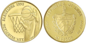 Kuba
10 Pesos 1990/1992, Oly. Barcelona/Basketball. 1/10 Unze Feingold. Mit Zertifikat. Polierte Platte. Yeoman 342. Schön 281.
