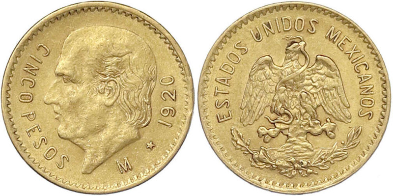 Mexiko
Republik, seit 1824
5 Pesos 1920. 4.17 g. 900/1000. vorzüglich. Krause/...