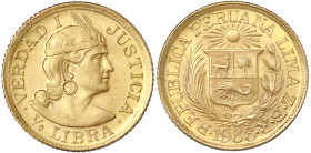Peru
Republik, seit 1821
1/2 Libra (1/2 Pound) 1966. 3,99 g. 917/1000. fast Stempelglanz. Krause/Mishler 209.