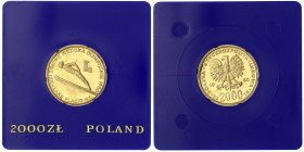 Polen
Volksrepublik, 1949-1989
2000 Zlotych 1980 zur Winter-Oly./Skispringer. 8 g. 900/1000. In blauer Kapsel. Aufl. nur 5250 Ex. Polierte Platte. K...