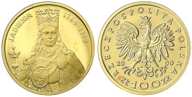 Polen
Republik, seit 1989
100 Zloty 2000 Jadwiga. 8 g. 900/1000. In Originalschatulle mit Zertifikat. Schön 405. Auflage nur 2000 Ex. Polierte Platt...
