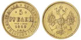 Russland
Alexander II., 1855-1881
5 Rubel 1860, St. Petersburg ΠΦ. vorzüglich, kl. Randfehler, selten. Bitkin 6. Friedberg 163.