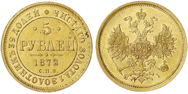 Russland
Alexander II., 1855-1881
5 Rubel 1872 HI, St. Petersburg. 6,51 g., 90...