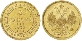 Russland
Alexander II., 1855-1881
5 Rubel 1872 HI, St. Petersburg. 6,51 g., 900/1000. fast vorzüglich, etwas berieben. Bitkin 20.